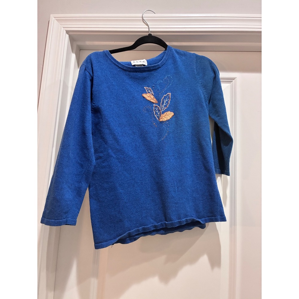 ELCC Blue Cotton Knit Sweater Embroidered Leaves Beaded Cottagecore Grandmacore